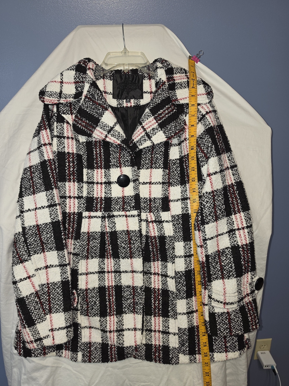 Joujou Plaid Button-Front Women's Coat in Black & White with Red Accents